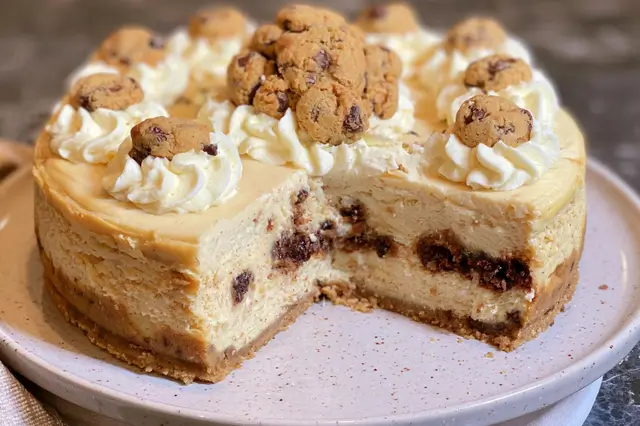 Chocolate chip cookie cheesecake featuring a cookie crust and cream cheese filling with chocolate chips.