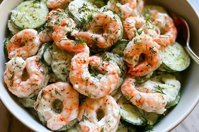 Creamy cucumber shrimp salad made with crisp cucumbers, tender shrimp, and fresh herbs.