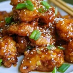 Crispy Honey Garlic Chicken Recipe for a Delicious Dinner 5 Crispy honey garlic chicken pieces coated in glaze and garnished with sesame seeds and green onions.