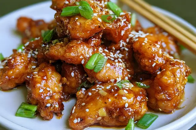 Crispy Honey Garlic Chicken Recipe for a Delicious Dinner 3 Crispy honey garlic chicken pieces coated in glaze and garnished with sesame seeds and green onions.