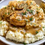 Savory shredded chicken gravy served over a bed of creamy mashed potatoes.