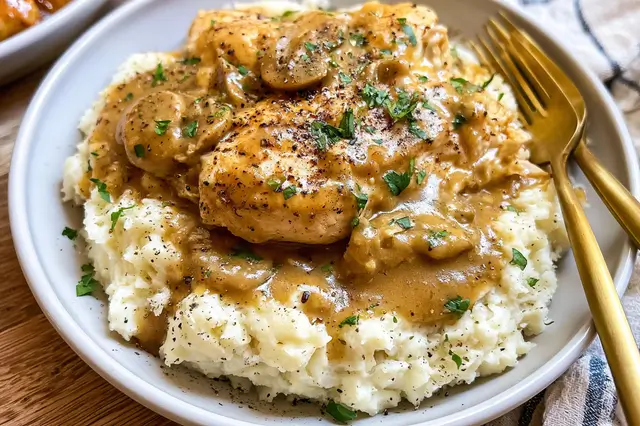Savory shredded chicken gravy served over a bed of creamy mashed potatoes.