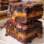 Fudgy chocolate brownies swirled with rich caramel sauce on a baking pan.
