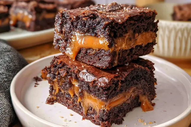 Fudgy chocolate brownies swirled with rich caramel sauce on a baking pan.