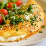 Fluffy golden cottage cheese omelette folded over fresh spinach and creamy cottage cheese.
