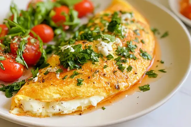 Fluffy golden cottage cheese omelette folded over fresh spinach and creamy cottage cheese.