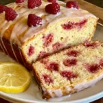 Freshly baked lemon raspberry loaf topped with sweet lemon glaze and fresh raspberries.