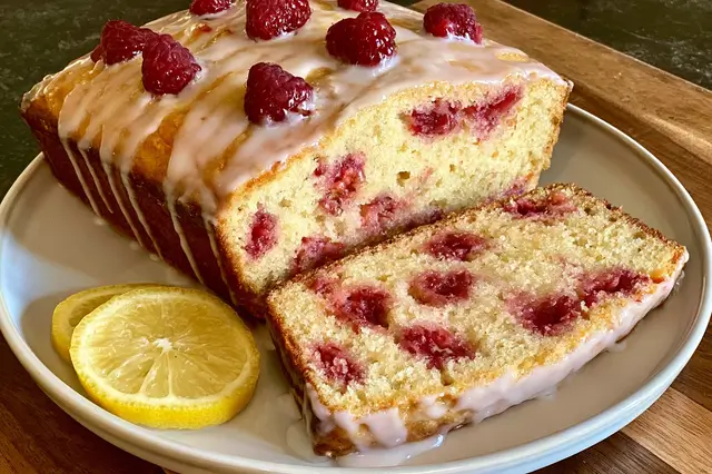 Freshly baked lemon raspberry loaf topped with sweet lemon glaze and fresh raspberries.