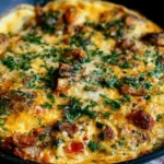 Country omelette filled with sautéed vegetables, crispy bacon, and melted cheese in a skillet.