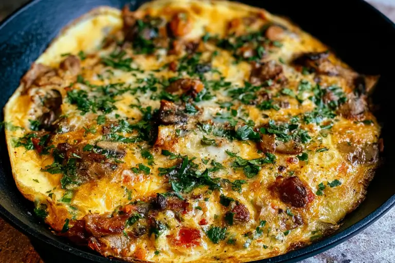 Country omelette filled with sautéed vegetables, crispy bacon, and melted cheese in a skillet.