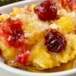Pineapple Dump Cake with Cherries – Easy Dessert Recipe 5 Pineapple dump cake with cherries topped with golden cake crust in a baking dish.