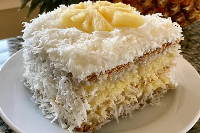 Pineapple coconut cake with sweet pineapple and shredded coconut