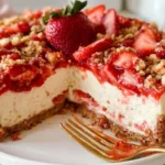 Strawberry Cheesecake Crunch Cake: A Delightful Recipe 5 Strawberry cheesecake crunch cake layered with cream cheese filling, fresh strawberries, and crunchy graham cracker topping.