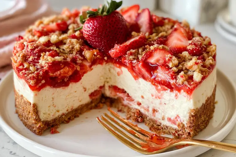 Strawberry Cheesecake Crunch Cake: A Delightful Recipe 3 Strawberry cheesecake crunch cake layered with cream cheese filling, fresh strawberries, and crunchy graham cracker topping.