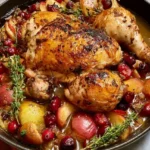 Apple and cranberry roasted chicken thighs arranged in a pan with sliced apples and cranberries.