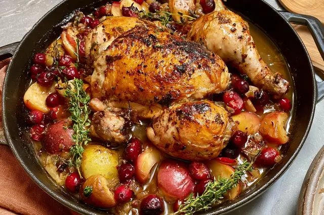 Apple and cranberry roasted chicken thighs arranged in a pan with sliced apples and cranberries.
