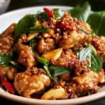 Crispy golden garlic chicken Thai served with fresh garlic and cilantro garnish.