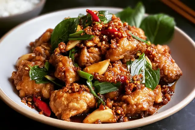 Crispy golden garlic chicken Thai served with fresh garlic and cilantro garnish.