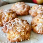 Golden brown baked apple fritter drizzled with sweet milk glaze on a cooling rack.