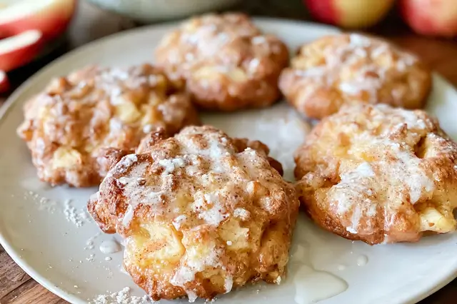 Golden brown baked apple fritter drizzled with sweet milk glaze on a cooling rack.