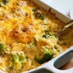 Cheesy broccoli rice and chicken casserole topped with melted sharp cheddar cheese