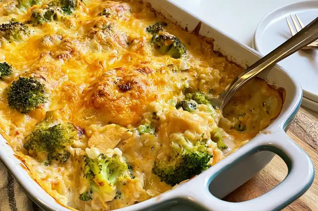 Cheesy broccoli rice and chicken casserole topped with melted sharp cheddar cheese