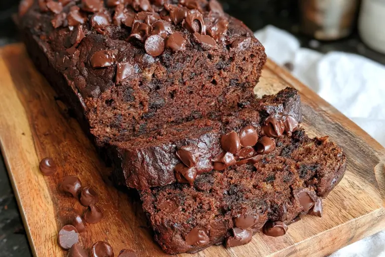 Chocolate banana bread loaf baked in a pan with chocolate chips and mashed bananas.
