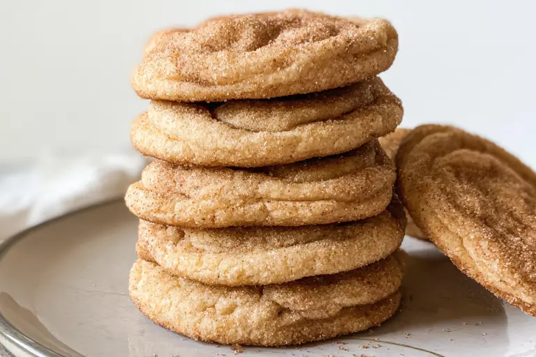 Soft cinnamon sugar churro cookie balls rolled in sweet cinnamon sugar before baking.