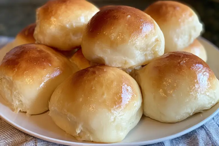 Golden brown, fluffy yeast rolls brushed with melted butter in a baking dish.