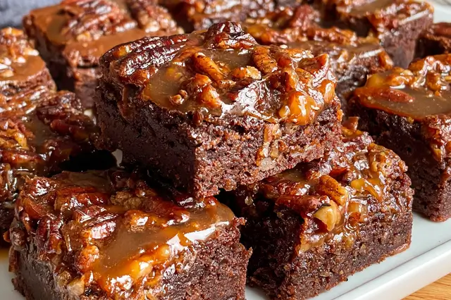 Fudgy chocolate brownie topped with a golden caramelized pecan pie layer.
