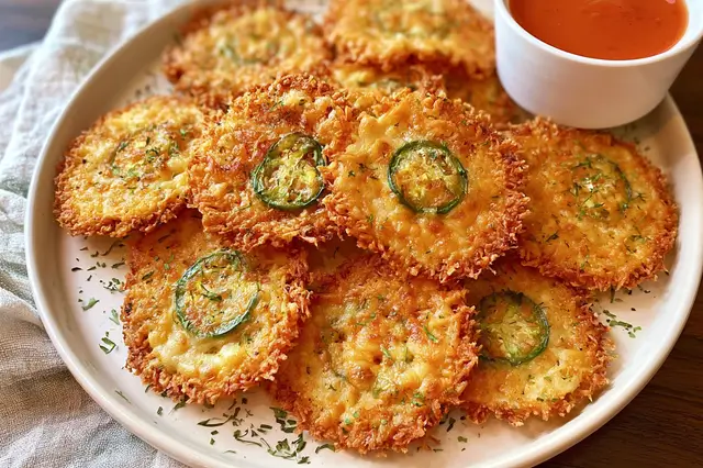 Pioneer Woman Jalapeño Cheese Crisps - Flavorful Snack Bites 3 Crispy baked cheddar cheese rounds topped with fresh chopped jalapeño slices.