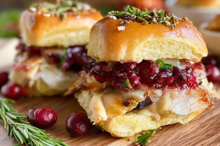 Turkey cranberry sliders topped with melted cheese and cranberry sauce on mini brioche buns.