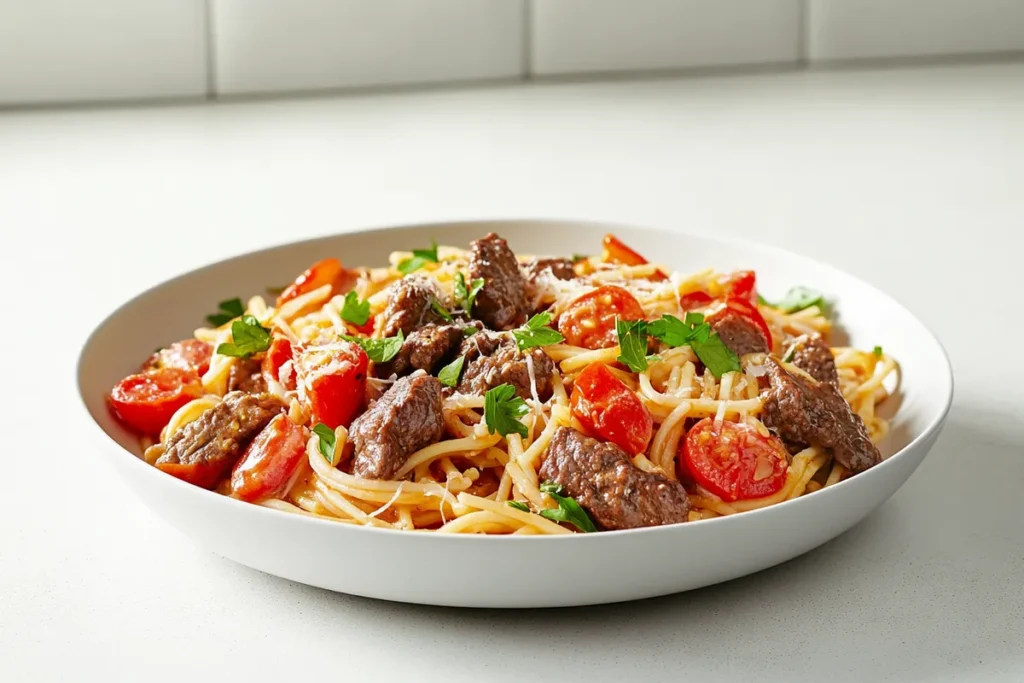 Delicious Garlic Parmesan Beef & Spaghetti Pasta