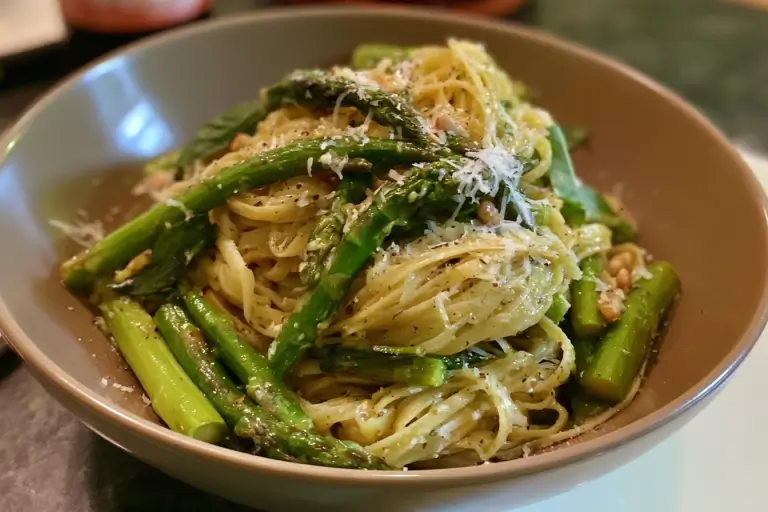 Fresh green asparagus and pasta tossed with garlic, olive oil, lemon, and parmesan cheese.