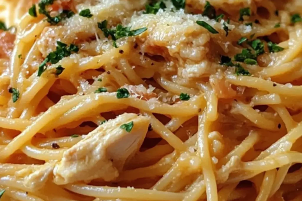 Crockpot Parmesan Garlic Chicken Spaghetti close-up with parsley and cheese topping