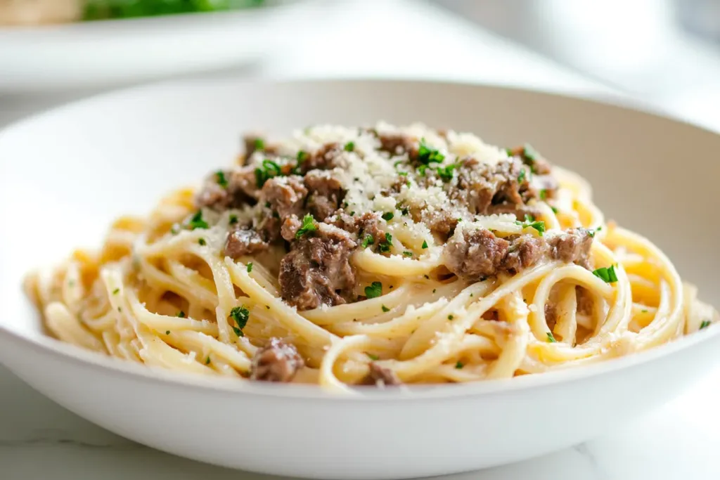 First Image Creamy Cheesy Garlic Butter Linguine with Savory Beef Delight