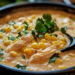 A close-up of a bowl of Mexican Street Corn White Chicken Chili, featuring tender shredded chicken, sweet corn, and fresh cilantro.