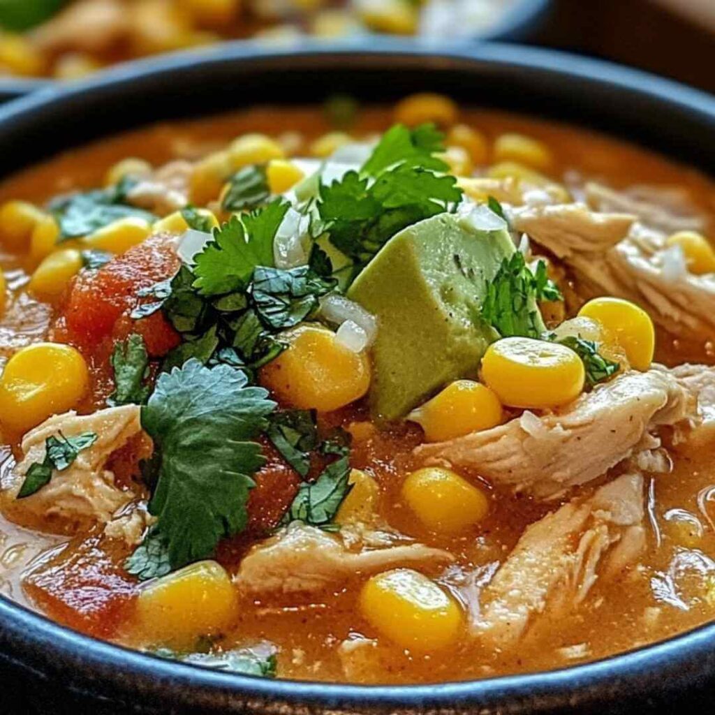 A bowl of Mexican Street Corn White Chicken Chili with tender chicken, sweet corn, fresh cilantro, avocado, and diced onions.