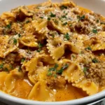 Bowtie pasta combined with ground beef, diced tomatoes, and rich Velveeta cheese sauce.