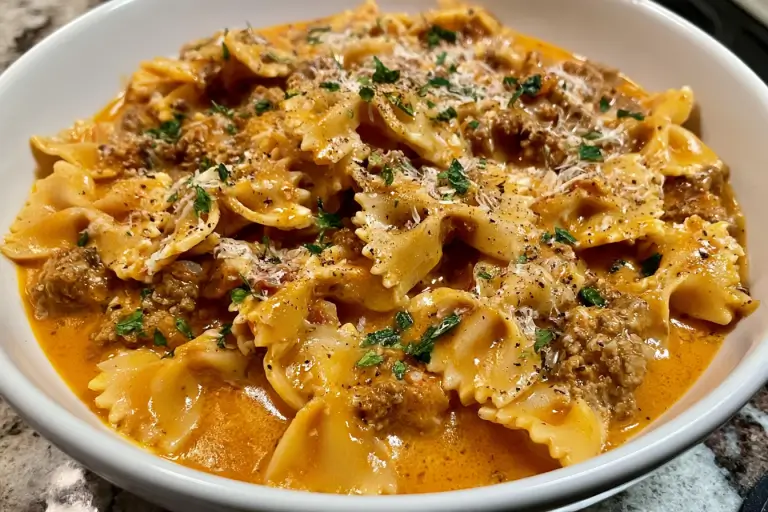 Bowtie pasta combined with ground beef, diced tomatoes, and rich Velveeta cheese sauce.