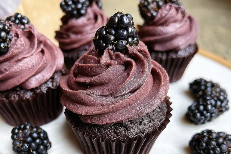 Decadent Midnight Blackberry Chocolate Cupcake topped with rich dark chocolate ganache and fresh blackberries.