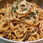 Garlic parmesan beef and spaghetti pasta tossed with garlic, ground beef, and grated cheese.