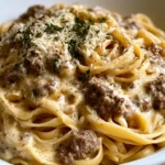 Creamy cheesy garlic butter linguine pasta tossed with savory browned ground beef.