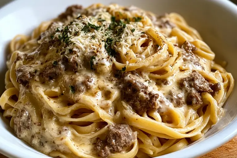 Creamy cheesy garlic butter linguine pasta tossed with savory browned ground beef.