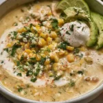 Creamy Mexican street corn white chicken chili topped with fresh cilantro and cotija cheese.
