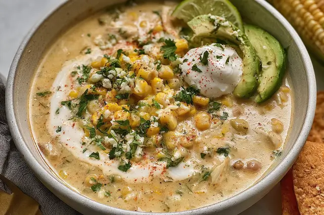 Creamy Mexican street corn white chicken chili topped with fresh cilantro and cotija cheese.