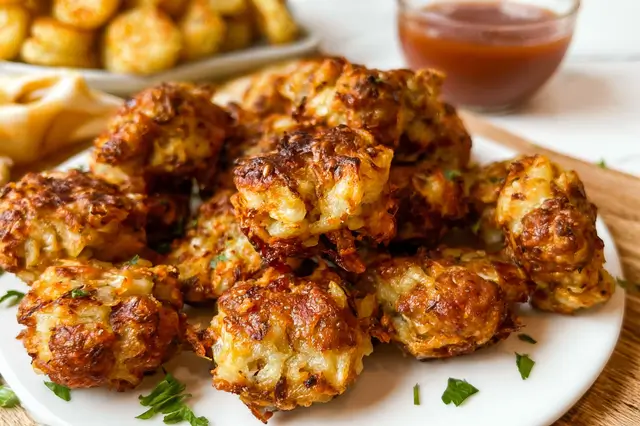 Golden crispy hashbrown and sausage bites made with cheddar cheese and cream cheese.