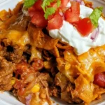 Baked Frito taco casserole layered with corn chips, ground beef, beans, and melted cheese.