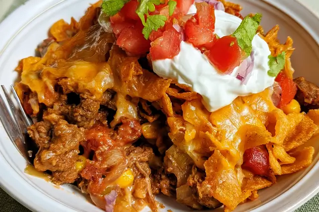 Baked Frito taco casserole layered with corn chips, ground beef, beans, and melted cheese.