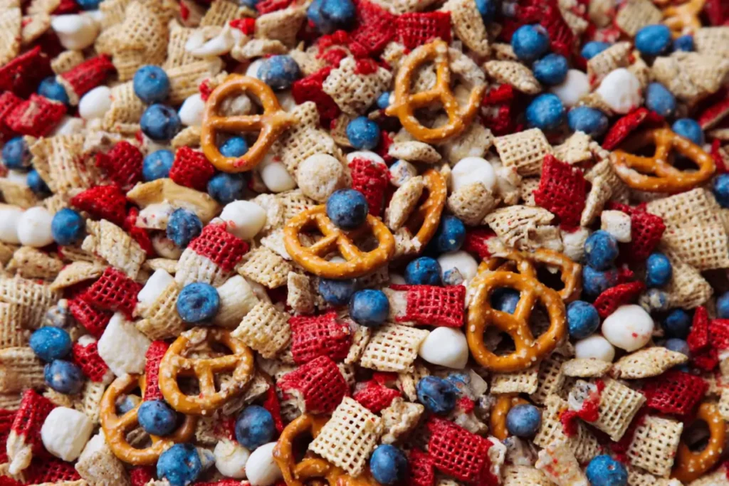 Easy 4th of July Snack Mix Recipe | Sweet, Salty, and Festive Treat 4 4th of July Snack Mix with White Chocolate, Pretzels, and Candy